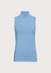 Light blue sleeveless turtleneck top in soft, stretchy fabric. Features a high collar and fitted design, with smooth, even texture.