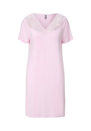 Hellrosa Kleid mit kurzen Ärmeln, Spitzen-V-Ausschnitt und geradem Saum, entworfen für den Freizeit- oder Schlafgebrauch.