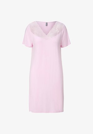 Hellrosa Kleid mit kurzen Ärmeln, Spitzen-V-Ausschnitt und geradem Saum, entworfen für den Freizeit- oder Schlafgebrauch.
