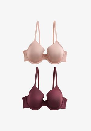 Du matiniai liemenėlės su viela, viena beige, kita tamsiai burgundiška, eksponuojamos plokščiai prieš baltą foną.