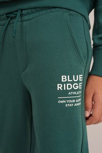 Groene sweatpants van katoenmix stof, met een voorzak en bedrukte tekst "BLUE RIDGE ATHLETIC" met een slogan in het wit.
