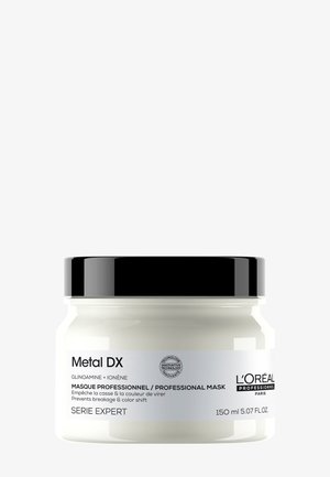 Tarro de mascarilla para el cabello L’Oréal Professionnel Metal DX, 150 ml, envase blanco con tapa negra, previene la rotura y el cambio de color.