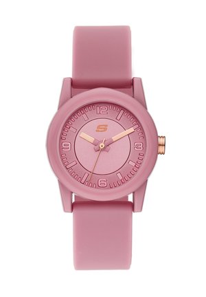 Roze analoge polshorloge met siliconen band, ronde wijzerplaat, gouden uur- en minutenwijzers, secondewijzer en numerieke uurmarkeringen.