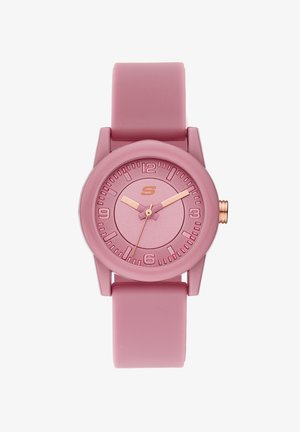 Roze analoge polshorloge met siliconen band, ronde wijzerplaat, gouden uur- en minutenwijzers, secondewijzer en numerieke uurmarkeringen.