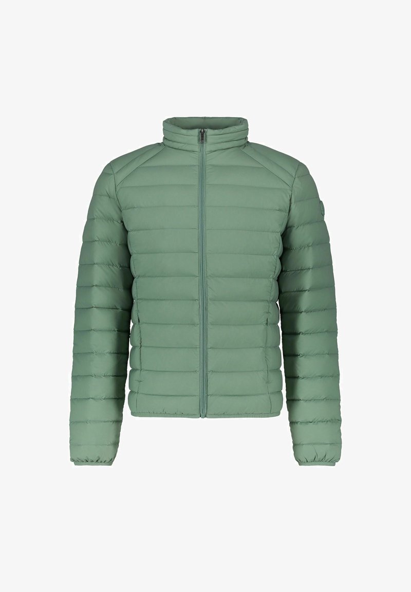Giacca imbottita verde chiaro con collo alto, zip completa e polsini elasticizzati. Caratterizzata da un design trapuntato orizzontale per l'isolamento.