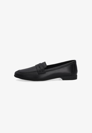 Schwarze Leder-slipper mit glatter Oberfläche, ausgestattet mit einem genähten Vorderpanel und einem niedrigen Absatz, vor einem weißen Hintergrund.