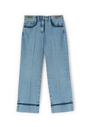 Lyseblå vidbenede jeans med høj talje, forlommer, knapgylp og mørkeblå syninger ved manchetterne og detaljer ved taljebåndet.
