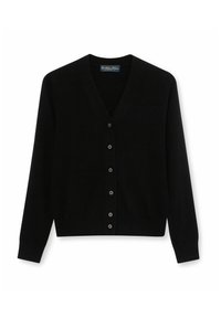 Cardigan nero in materiale morbido con scollo a V, chiusura con bottoni e maniche lunghe. Presenta sei bottoni abbinati lungo la parte frontale.