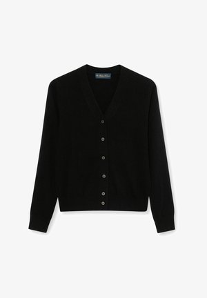 Schwarzer Cardigan aus weichem Material mit V-Ausschnitt, Knopfleiste und langen Ärmeln. Verfügt über sechs passende Knöpfe entlang der Vorderseite.