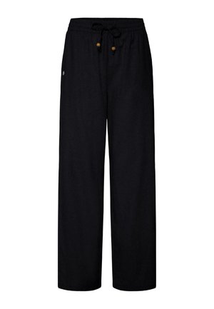 Czarne spodnie o szerokich nogawkach z elastyczną talią i sznurkiem z drewnianymi koralikami, prezentowane na białym tle.