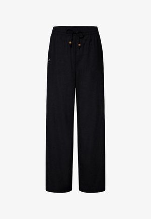 Mustad laiade jalgadega püksid, elastse vöökoha ja puidust helmeste ning paelaga, valgel taustal esitatud.