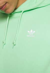 Mintgrön huvtröja i mjukt material, med lätt vikt dragsko och en liten vit broderad logotyp på vänster bröst.