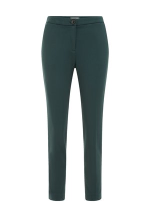 Pantaloni verdi su misura realizzati in un tessuto morbido, con chiusura anteriore a bottone, passanti per cintura e una vestibilità slim.
