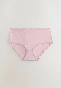 Heled pink puuvillased aluspüksid pitsäärtega vöökoht ja jalaservad, lihvitud tekstuuriga ja täiskattega disain.