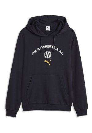 Czarna bluza z kapturem z przednią kieszenią, napisem „"MARSEILLE"”, okrągłym logo i żółtym logo Pumy na piersi.