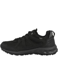 Scarpa sportiva nera con tomaia in tessuto testurizzato, struttura di supporto e suola in gomma. Presenta un sistema di allacciatura e un tallone rinforzato.
