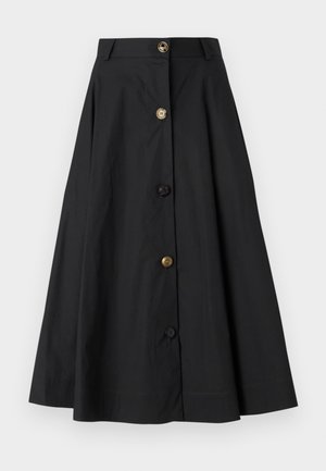 Black midi skirt, featuring a high waist, flared shape, and four buttons in varying colors (black, gold, brown). Smooth fabric texture.