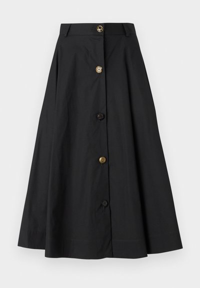 Musthave muströöd, mis sisaldab kõrget vööd, laienevat vormi ja nelja eri värvi nuppu (must, kuldne, pruun). Sile kangast tekstuur.