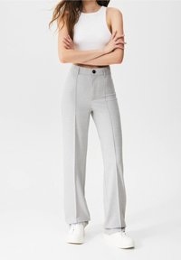 Grijs, hooggarig, wijde broeken met een gladde textuur, een enkele knoopsluiting en verticale naden voor een gekleed uiterlijk.