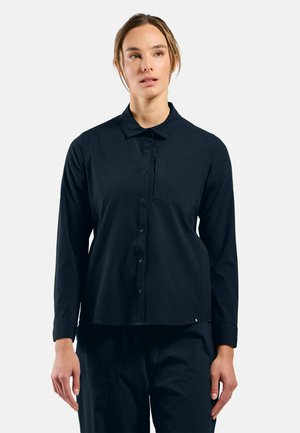 Navy long-sleeve shirt with a button-up front, collar, and single chest pocket; made of textured fabric, fitted design, and casual style.