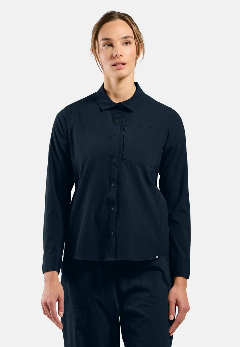 Navy long-sleeve shirt with a button-up front, collar, and single chest pocket; made of textured fabric, fitted design, and casual style.