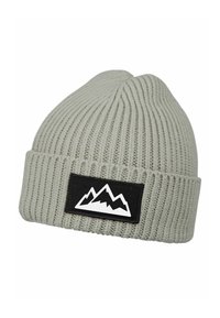 Gray knit beanie with ribbed texture and a black rectangular patch displaying white mountain graphics.