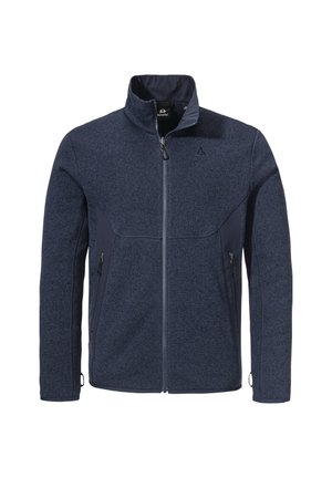 Marine-Fleecejacke mit hohem Kragen, Reißverschluss und zwei Seitentaschen. Verfügt über einen strukturierten Stoff mit dunkleren Seitenpaneelen und einem Logo.