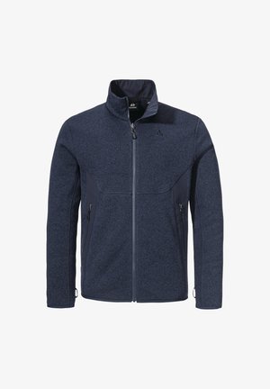 Marine-Fleecejacke mit hohem Kragen, Reißverschluss und zwei Seitentaschen. Verfügt über einen strukturierten Stoff mit dunkleren Seitenpaneelen und einem Logo.