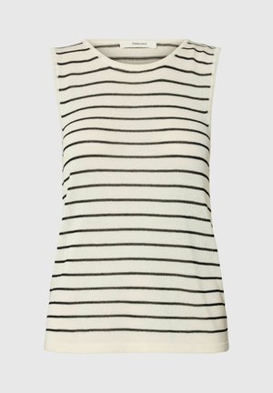 Haut sans manches en maille crème avec des rayures horizontales noires et un col rond.