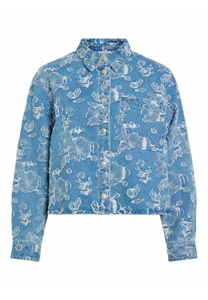 Veste en jean bleu avec motifs floraux blancs, boutons-pression argentés, une poche poitrine et un col classique.