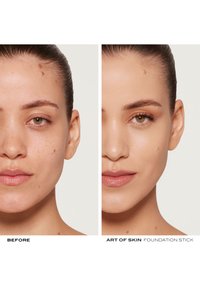 Two side-by-side images of a face. Left shows uneven skin tone, while the right displays a smooth, even complexion after foundation application.