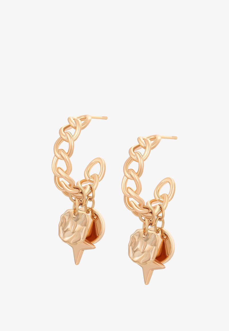 Aukso tono grandinėlės auskarai su trimis kabinamais ženklais: suspaustu disku, lygia diskute ir maža žvaigždute.