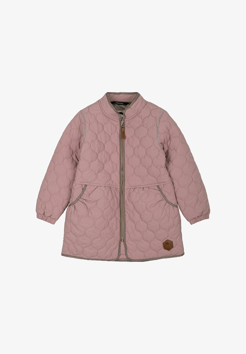 Cappotto trapuntato rosa con zip frontale, polsini elastici e tasche laterali. Presenta un colletto tondo e un motivo a scacchi texturizzato.