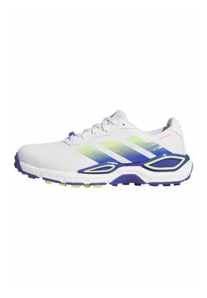 Chaussure de sport blanche avec des bandes dégradées bleues et jaunes, des accents bleus sur la semelle et une semelle texturée antidérapante, conçue pour les activités sportives ou la course.