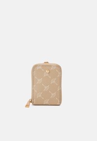 Beige wallet with textured material, featuring a subtle leaf pattern and gold hardware. Zip closure and small size for compact storage.