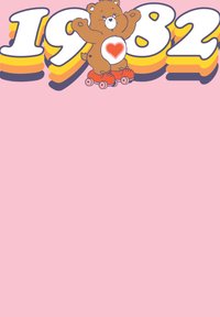 Grafiken visar siffran "1982" i fet vit och orange, med en tecknad björn på rullskridskor, brun päls och ett hjärta på magen, placerad på en rosa bakgrund.