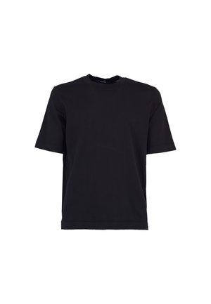 T-shirt nera semplice a maniche corte con scollo rotondo e vestibilità regolare, mostrata su sfondo bianco.