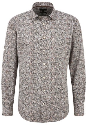 Koszula na guziki z długim rękawem, białe tło, gęsty drobny wzór z brązowych i szarych liści na całej powierzchni.