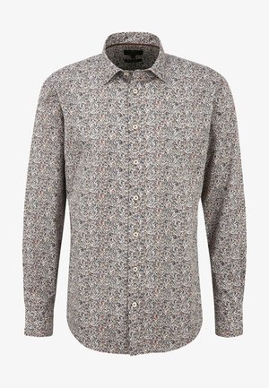 Camicia a maniche lunghe con bottoni, con sfondo bianco e un motivo fitto di piccole foglie marroni e grigie su tutta la superficie.