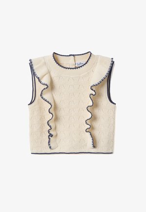 Cremefarbenes, gestricktes Ärmelloses Top mit marineblauen, gerafften Kanten und strukturiertem Stoff. Verfügt über einen runden Ausschnitt und eine Rückenknopfverschluss.