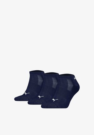 Navy ankle socks, three pairs, featuring ribbed texture, mesh detailing, reinforced toe, and white logo accent. Soft, breathable material.