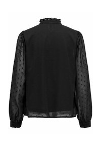 Schwarze Bluse aus strukturiertem Stoff mit kleinen erhabenen Punkten, transparenten langen Ärmeln und einem rüschierten Ausschnitt. Knopfmanschetten runden das Design ab.