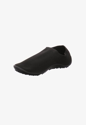 Black slip-on shoe with a knitted upper, textured pattern, and a flexible rubber sole featuring small traction bumps. Lightweight design.