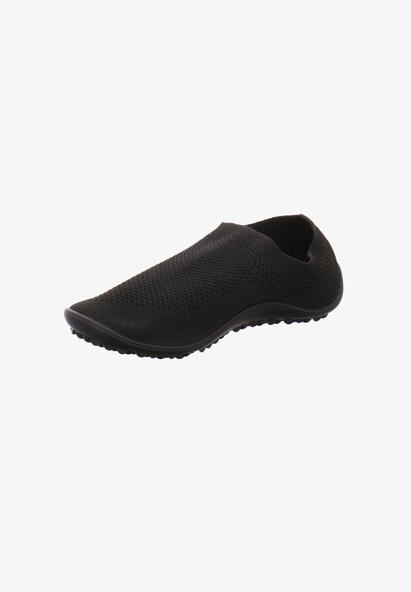 Black slip-on shoe with a knitted upper, textured pattern, and a flexible rubber sole featuring small traction bumps. Lightweight design.