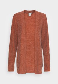 Cardigan arancione realizzato in materiale a maglia testurizzata, con apertura frontale, maniche lunghe e senza chiusure. Presenta una vestibilità rilassata.