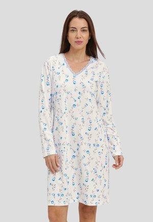 Camisón de manga larga en crema claro con patrón floral azul, escote en V y acentos de encaje. Tejido suave con un corte relajado.