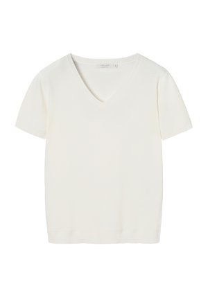 Valge lühikeste varrukatega V-kaelusega T-särk, valmistatud siledast puuvillasegukangast, millel on lõdvestunud istuvus ja soonikserv alumises osas ning varrukatel.