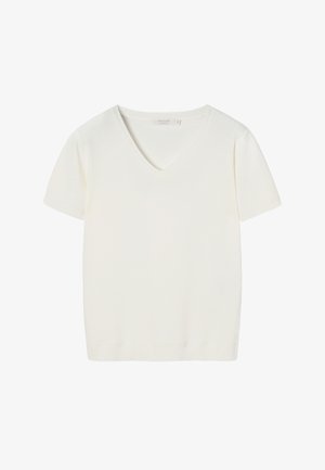 Fehér rövid ujjú, V-nyakú póló, sima pamutkeverék anyagból készült, laza szabású, bordázott szegéllyel az alján és az ujjain.