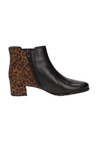Schwarze Leder-Stiefelette mit einem braunen Leopardenmuster-Panel, Reißverschluss, Blockabsatz und glatter Textur.