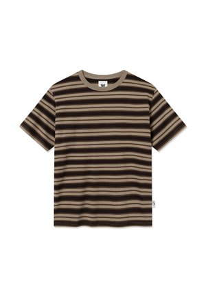 Camiseta a rayas en tonos marrones y beige, fabricada con una tela suave, con un cuello redondo y mangas cortas.